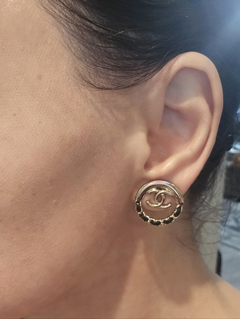 Chanel 2022 Studded Pierced Earrings with Leather Braided Gold Tone LIKE NEW! - Picture 9 of 10